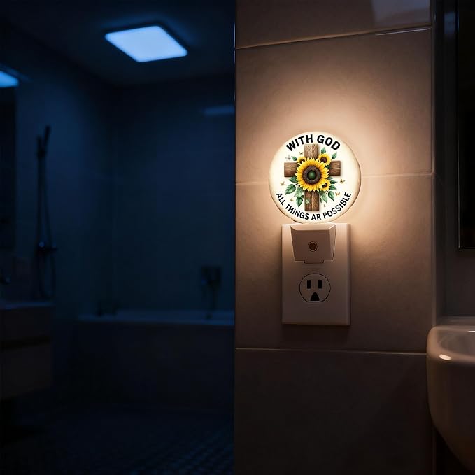 Mugod Sunflower and Cross Plug-in Nightlights All Things are Possible Inspirational Quote Night Light Plug into Wall with Dusk-to-Dawn Sensor LED Lighting 0.5W Sleep-Friendly