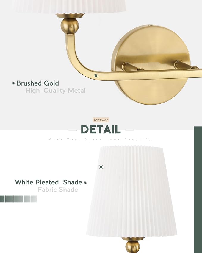 2-Light Brushed Gold Bathroom Vanity Light, Pleated Fabric Shade | 17" 2-light gold double wall sconce with white pleated fabric shades, E26 bulbs, hardwired, upward only, VL837-BG-Z-2