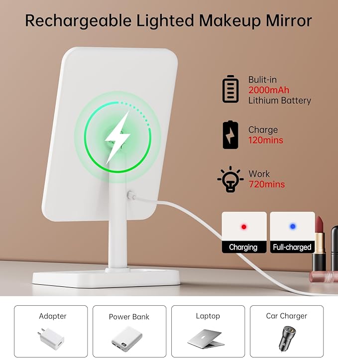 Lighted Makeup Mirror, Rechargeable Makeup Mirror with Lights, Vanity Mirror for Desk 360° Rotation, 3 Color LED Lights Detachable Light Up Mirror for Makeup Room Decor for Girls, Brithday's Day Gifts