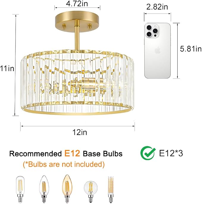 Lxybcce Modern Crystal Ceiling Light, Brushed Gold Semi Flush Mount Ceiling Lighting Fixture, Brass Hallway Light Fixtures Chandelier for Kitchen, Bedroom Dining Room Hallway Closet, 3-Light, 12 Inch