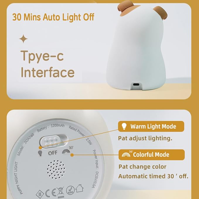 Led Cute Puppy Night Light, 7 Colors Dimmable Bedside Lamp, Touch Control Night Lamp with Timer for Kids Adults, Used for Camping Party Room Decor(Puppy)