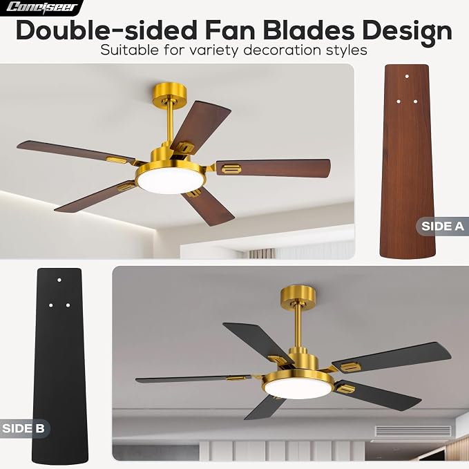 Conciseer 52 Inch Ceiling Fans with Lights and Remote for Bedroom Living Room Kitchen Office, Indoor/Outdoor Use, 6CCT Dimmable, 5 Blades, 6 Speed Reversible Quiet DC Motor, Gold/Wood Grain