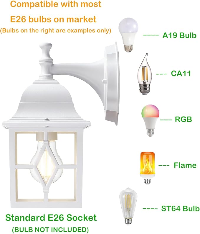 Outdoor Wall Light Fixture, Rustproof Aluminum, Glass | Large Exterior Porch Light Wall Sconce Lantern for House, Patio, Garage, Waterproof, E26 Socket 60W Max, White