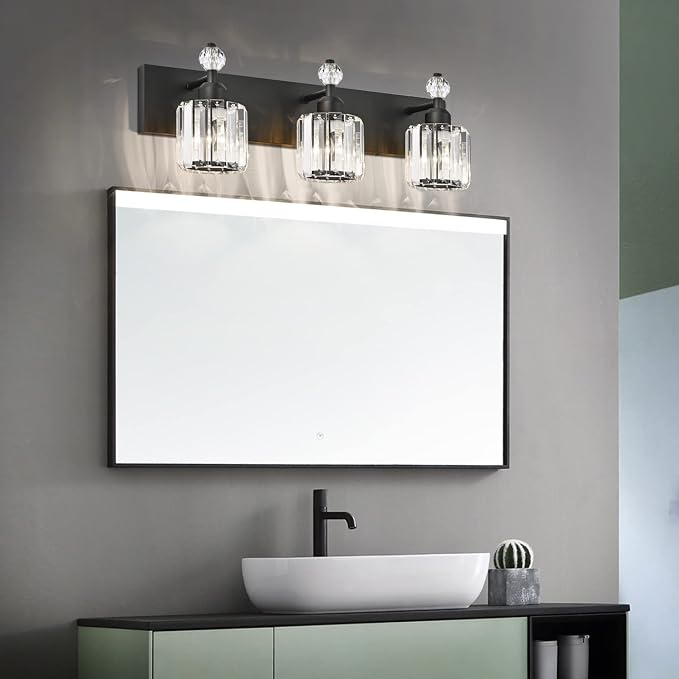 PRESDE Crystal 3 Light Bathroom Vanity Lights Modern Matte Black Bathroom Lights Fixtures Over Mirror Wall Lamp for Bath Bedroom Hallway