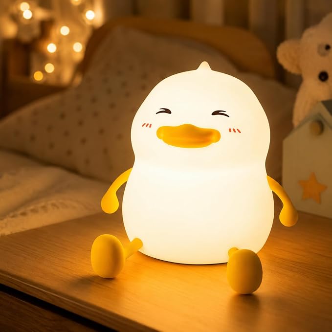 Fat Duck Night Light, LED Squishy Novelty Animal Night Lamp, Food Grade Silicone 3 Level Dimmable Nursery Nightlight for Desk Decor, Funny Gifts Stuff for Boys Girls Baby, White Elephant Gifts