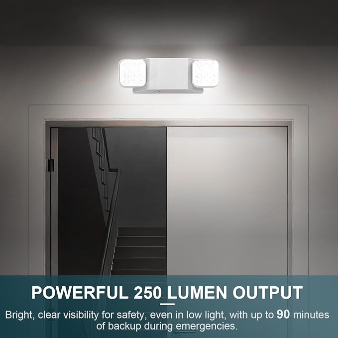 1PK LED Emergency Lights, Commercial Emergency Lights for Business, Power Outages, Offices, with Backup Battery (90 Minutes), Wall Mount, Hard Wired, 120-277V, Fire Resistant (94V-0) UL