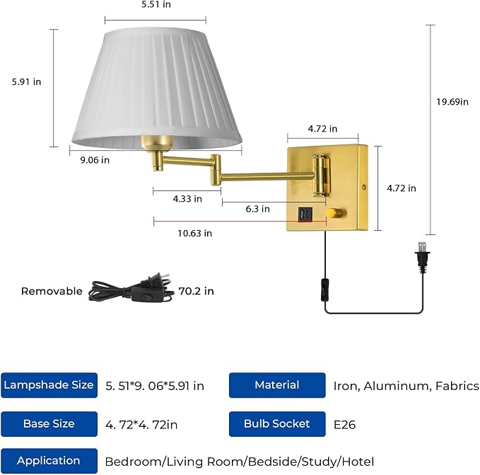 Plug in Wall Lamp for Living Room Bedroom Bedside, Bulb Included | Wall Sconce with USB C+A Charging Ports, Adjustable Swing Arm 270°, Adjustable Color Temperature, White Fabric Cone lampshade