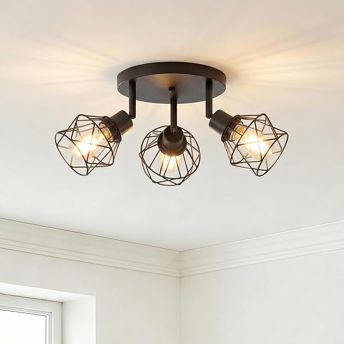 LOUSACE 3-Light Track Lighting with Rotatable Light Head, Black Track Lighting Fixtures Ceiling Industrial Kitchen Round Ceiling Spotlight with Metal Cage for Home Dining Room Hallway
