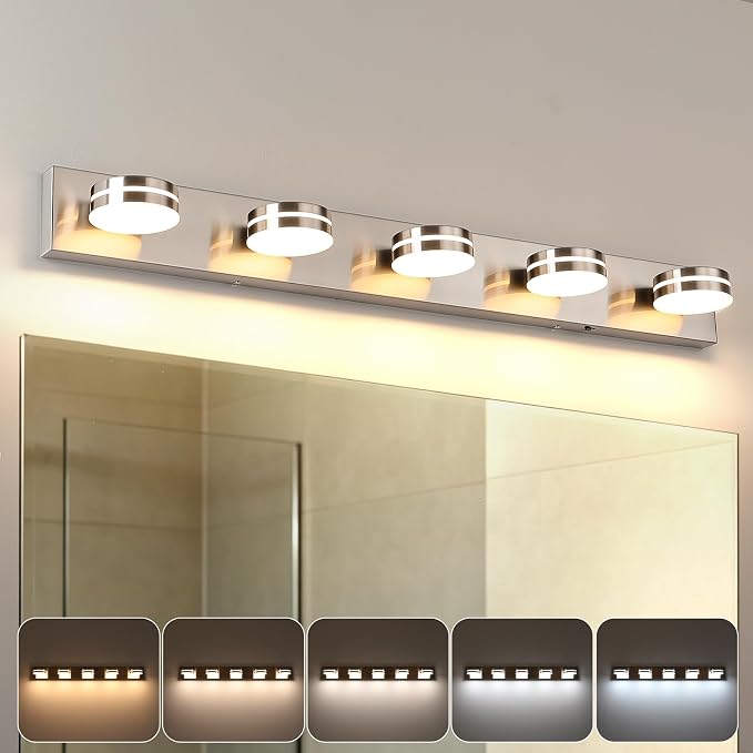 Brushed Nickel Bathroom Light Fixtures Over Mirror, 5-Light | LED Dimmable Bath Lights, Modern Wall Mounted Lighting Fixture with Rotating Lamp Head, Acrylic Metal, 5CCT 40.55in