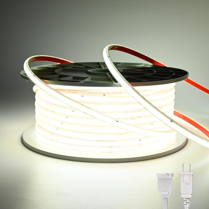 ETL COB LED Rope Light IP65 AC 120V 16.4FT 1200lm Ultra Bright 6500K White | IP65 Waterproof Cold-Resistant ETL Light Strip No Driver Tape Lighting for Home Commercial LED Strip Light 6500K Cool White