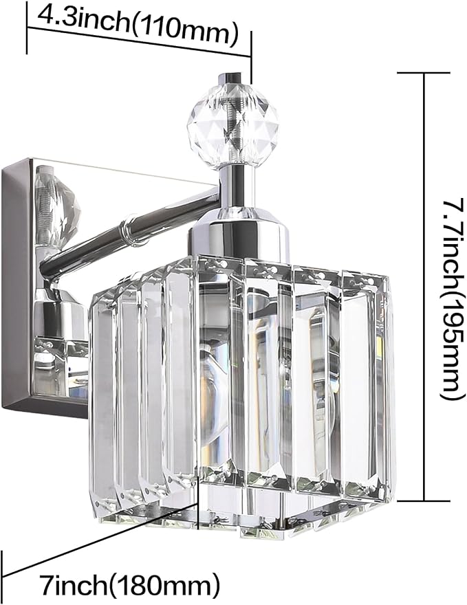 PRESDE 1-Light Bathroom Vanity Light, Modern Chrome Wall Sconce with Crystal Shade, Single Wall Lamp for Over Mirror Bedroom Hallway