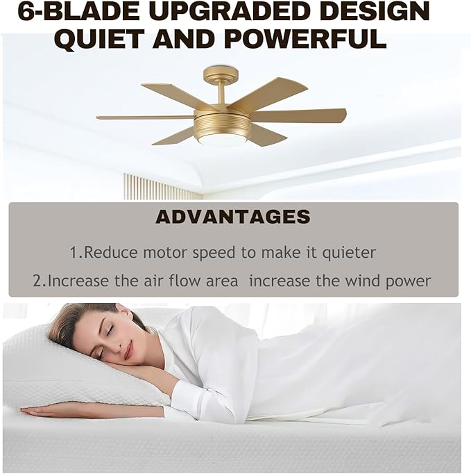 SHOWDI Ceiling Fan with Lights and Remote, 6 Blade App Control Timer Reversible Stepless Brightness and Color Temperature Outdoor Wood Ceiling Fan with Lights (Gold, 42 Inch)