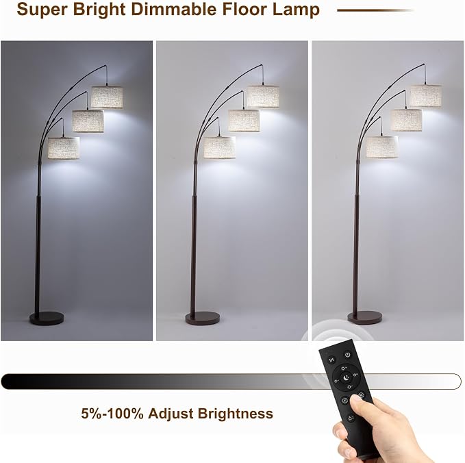 3 Light Arc Floor Lamps for Living Room, 2400LM Super Bright Floor Lamp with Remote Control, 80" Tall Floor Lamps with Stepless Dimmable, Mid Century Tree Floor Lamp for Bedroom, Office