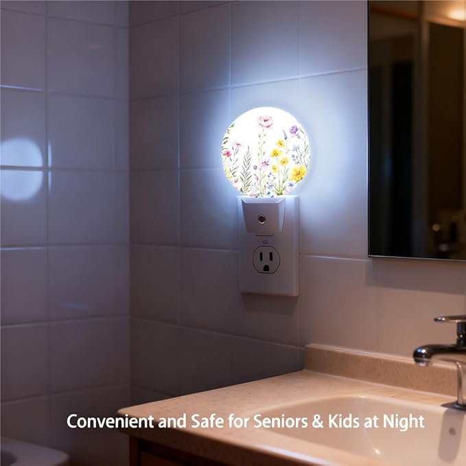 Plug-in Watercolor Wildflower Garden Night Light Floral Flower Meadow Nightlight with Dusk to Dawn Sensor, Auto On/Off 0.5W Energy-Saving LED Lighting for Men Women Boys Girls Gift