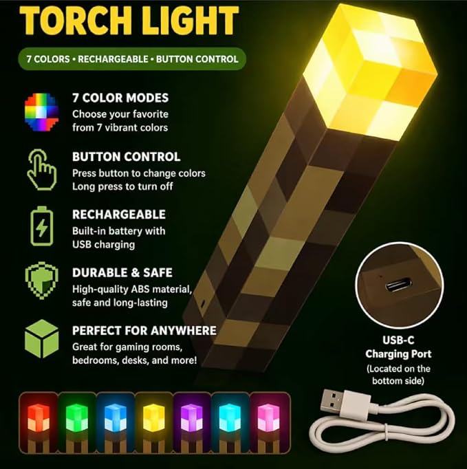 Lethologica 7 Color Pixel Torch Night Light, Brown | Rechargeable, Wall Mount & Portable, USB-C, Bedside/Table Lamp for Kids Room Decor