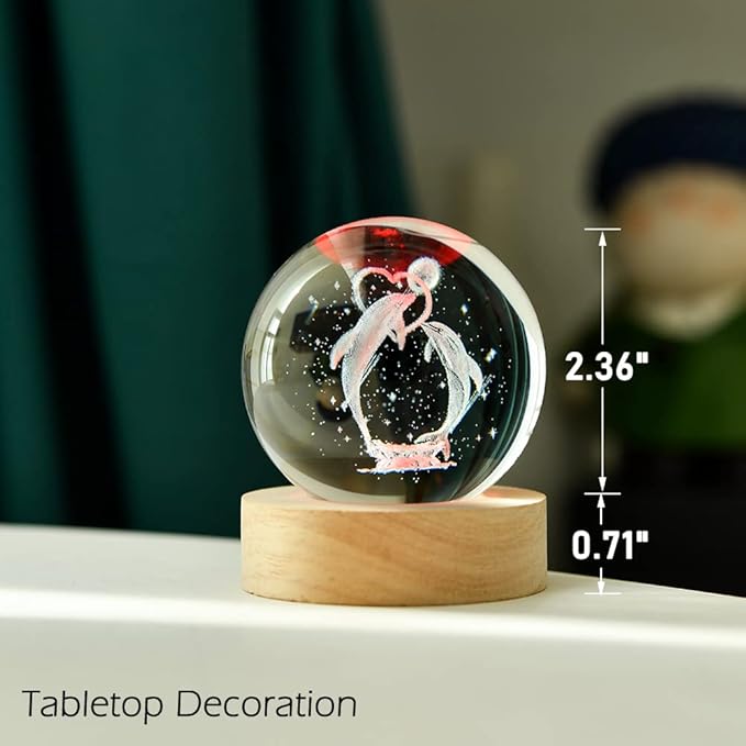 Dolphin Gift 3D Dolphins Figurines in Crystal Ball 60mm Laser Engraved Glass Sphere Home Decor with Wooden Light Base