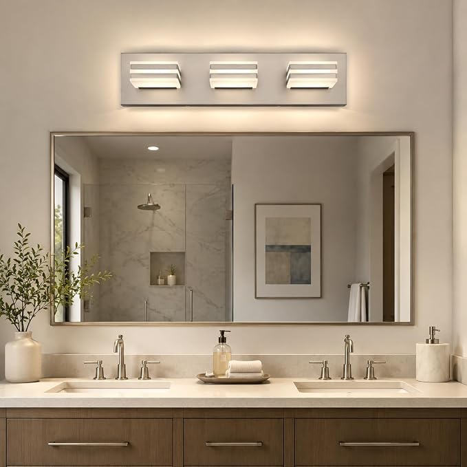 3-Light Brushed Nickel Vanity Light for Bathroom, 20 Inch 24W 5CCT Dimmable LED Fixture with Clear Acrylic Shade, Hardwired Modern Wall Light Over Mirror for Guest Bath