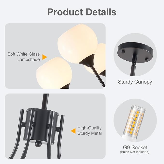 Mid Century Chandelier Light Fixture Black Sputnik Pendant 6 Lights, Modern Ceiling Light Fixture with Milk Glass Globe Adjustable for Dining Room Living Room Bedroom