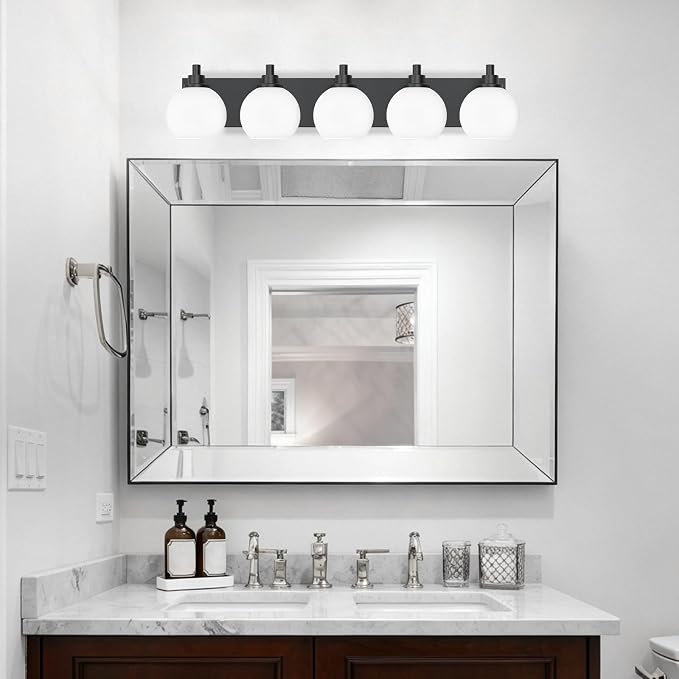 IZORRO Bathroom Light Fixtures, 5-Light Matte Black Vanity Light, Modern Wall Sconces with Globe Milk White Glass Shade, Vanity Lighting Fixtures Over Mirror,E26 Bulb Socket