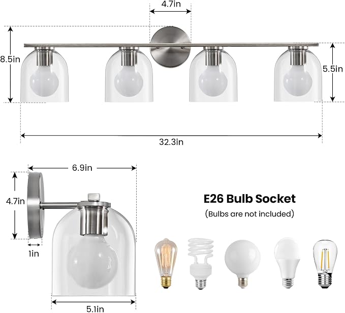 WOSHITU Bathroom Vanity Light Fixtures: 32.3 Inch Modern Brushed Nickel Bathroom Vanity Lights Over Mirror with Clear Glass Shade, 4-Light Bathroom Light Fixture Wall Lights Over Mirror