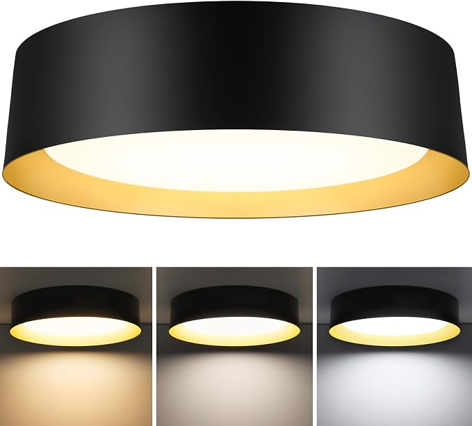 BrightHome Flush Mount Ceiling Light, 16in Modern Ceiling Light 3/4/5000K | 30W Bathroom Ceiling Light Fixture, 3000LM Dimmable LED Flush Mount Light for Bedroom, Hallway, Kitchen, Black & Gold