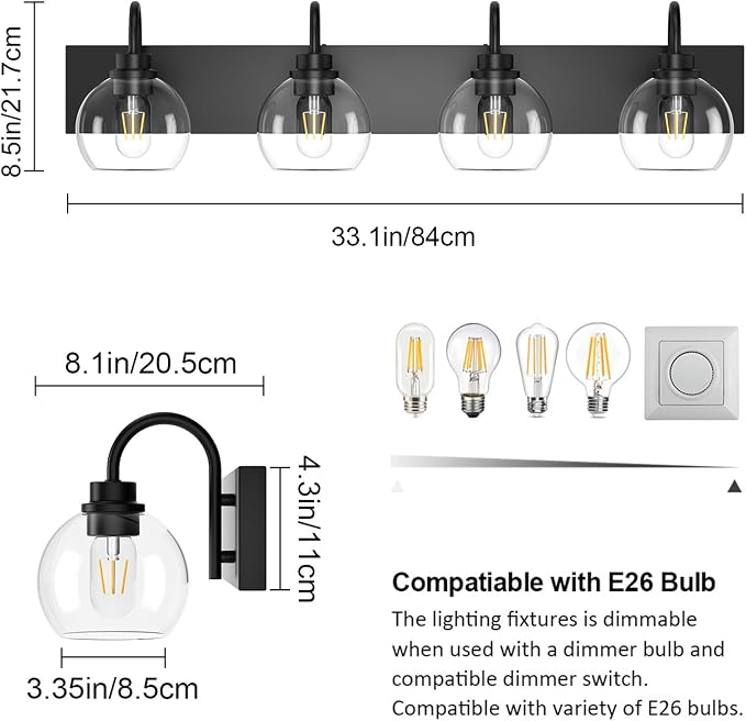 Vanity Light Fixtures With Clear Glass Shade, 4-Light Modern Lights Over Mirror, Black Wall Lamp for Bathroom, E26 Base