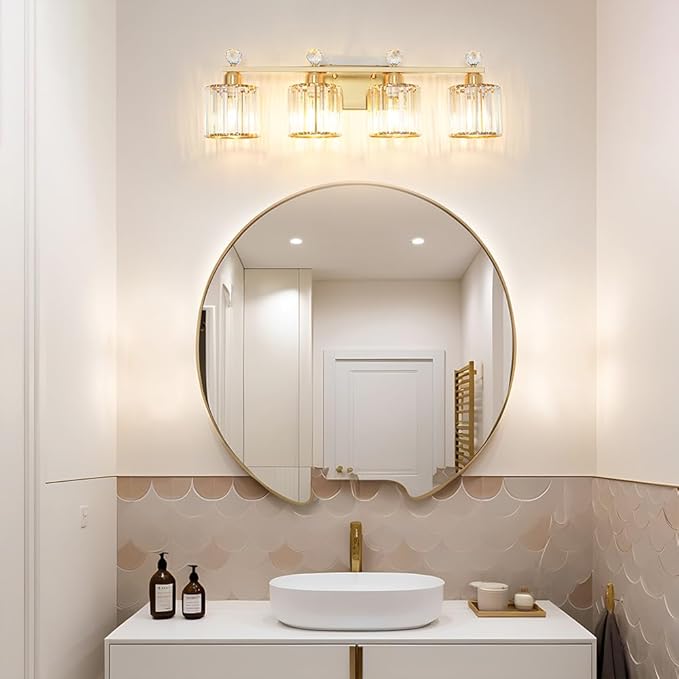 Modern Crystal Bathroom Vanity Light, 4-Lights Bathroom Light Fixtures, Brass Gold Vanity Lighting Fixtures Over Mirror, Brushed Wall Sconce Light for Bedroom, Kitchen, Living Room, Gallery, E26 Base