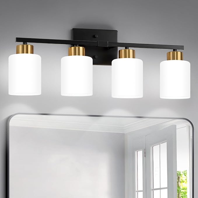 FonmYim Black and Gold Bathroom Light Fixtures Vanity Lights Over Mirror | Modern 4-Light lighting fixtures for bathroom with Milky White Frosted Glass Shades, E26 Socket (Bulbs Not Included)