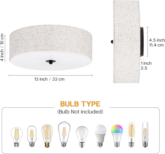 CALOKES Flush Mount Ceiling Light Fixture, 13" Close to Ceiling Light with Beige Fabric Linen Drum Shade, 2-Light Modern Round Ceiling Light for Bedroom Hallway Dining Kitchen
