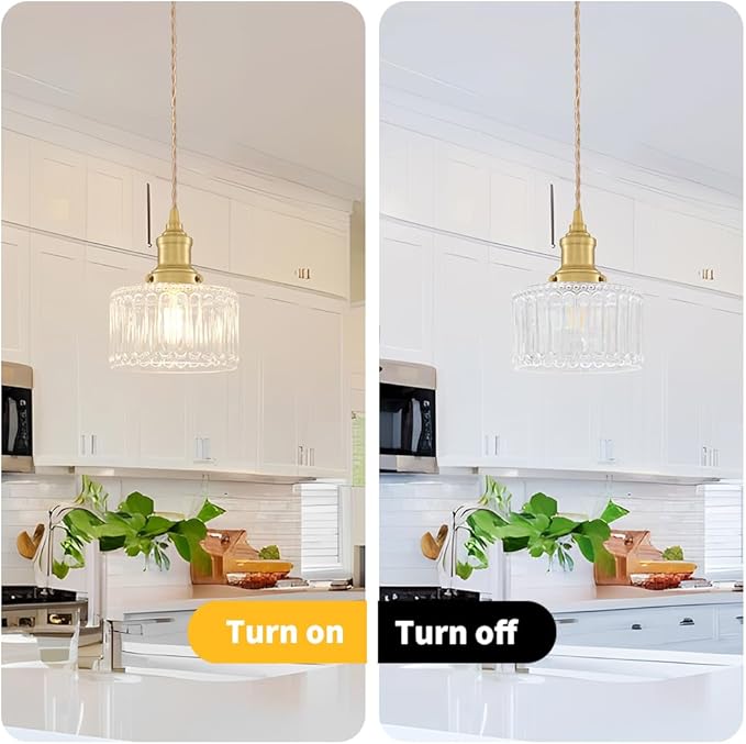 6.9in Vintage Pendant Lights for Kitchen with Clear Striped Glass Shade, Brushed Gold Pendant Lights Kitchen Island, Small Light Pendant Adjustable Hanging Light for Entrance Bedroom Hallway Home