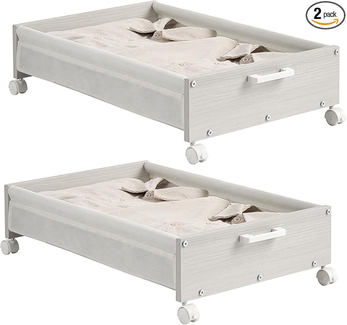 Under Bed Storage with Wheels, Wooden Under Bed Drawers On Wheels, Rolling Under Bed Shoe Storage, Space Saving,White,50L