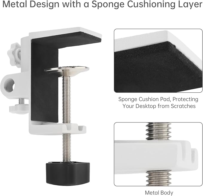 RTNLIT Desk Lamp Clamp, 1/2 inches 4 Hole Metal Table Mounting Clamp, White | Universal C Clamp for Magnifying Light/Microphone/Boom Scissor Arm, Fits up to 2-1/2 inches Desktop Thickness