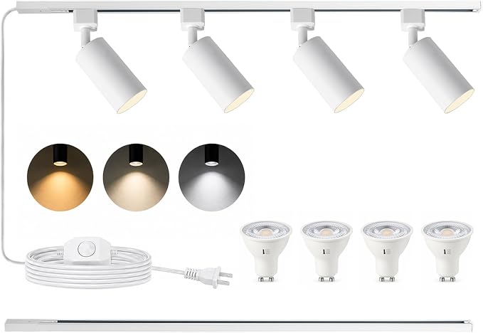 3-Color Plug in Track Lighting Dimmable with Power Cord, 4-Light Track Lighting Kit with 3.3FT H Type Track Lighting Rails, Modern Kitchen LED Track Lighting Fixtures Ceiling Spot Light, White