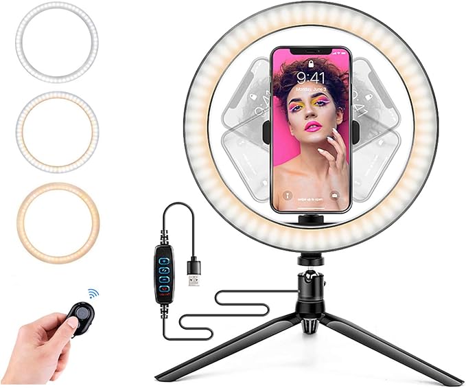 Ring Light with Stand OEBLD Dimmable Desk Selfie Ring Light with Phone Holder for Video Photography Remote Control for Makeup Live Streaming YouTube Lighting (D(10.2''Ring Light & Tripod))