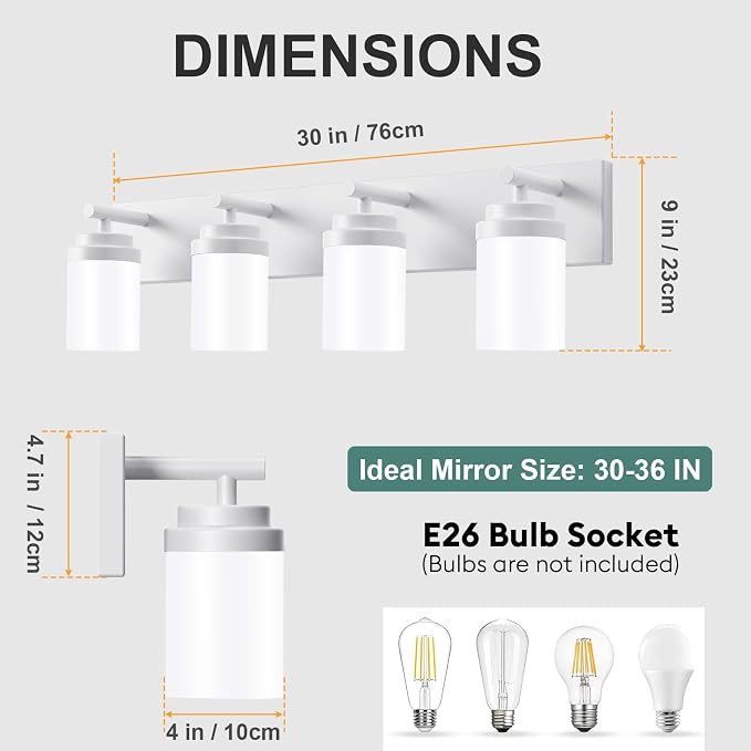 IZORRO Bathroom Vanity Light Fixture, 4-Light 30 Inch White Bathroom Light Fixtures Over Mirror, with White Glass Shade, Modern Farmhouse Vanity Lights, Rustic Restroom Lighting Fixtures