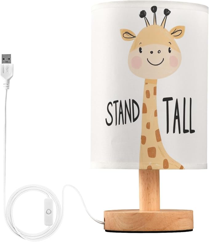 Cute Giraffe Cartoon Animal with Stand Tall Positive Bedside Table Lamps with USB Port for Bedroom LampSmall Nightstand Lamp Linen Shade Wooden Decorative Lamps for for Nursery Kids Reading Home