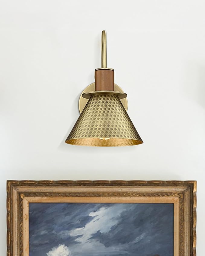 Industrial Wall Sconces Set of Two, HWH Indoor Wall Light Fixtures Barn Light, Single Wall Vanity Lamp for Bedroom Bedside Kitchen, Hammered Metal Shade, Antique Brass Finish, 5HZG74B-2L BG