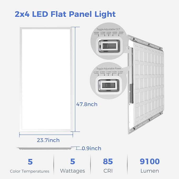 2x4 LED Flat Panel Light, 9100LM Recessed Drop Ceiling Light 6Pack | 0-10V Dimmable,Selectable 5 CCT 3000K/4000K/5000K/5700K/6500K, 5 Wattages 30W/40W/50W/60W/70W, for Office and Kitchen