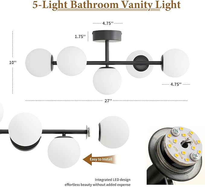 27" Mid Century Modern White Globe Black LED Bathroom Vanity Light | Matte Black Finish, Sleek Mid Century Modern Style, Milk White Glass Globes, Built-In LED Light Source, Unique Ambient Glow