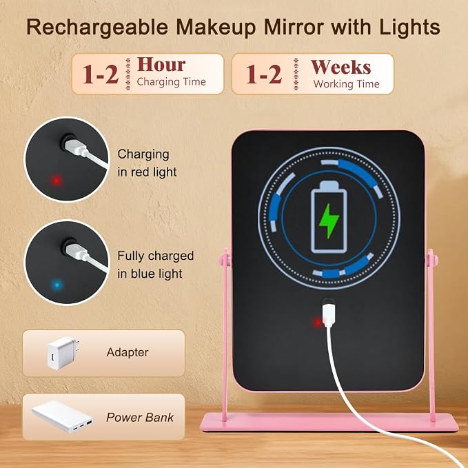 YEKKOPT Portable Desk Vanity Mirror with Lights,11"×9" Small Pink Rechargeable Makeup Mirror with Lights,Smart Touch Screen with 3-Color Lighting,Dimmable,for Dorm Tabletop,Bedroom,Decor
