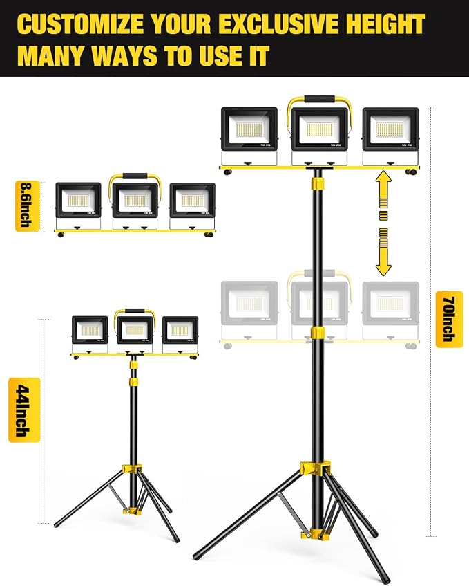 Upgraded LED Work Lights with Stand, 21000 Lumen, 3-Head Adjustable Work Light, Waterproof Foldable Tripod, Extended Cord for Outdoor & Indoor Job Sites, Workshops, Construction, Garage Lighting
