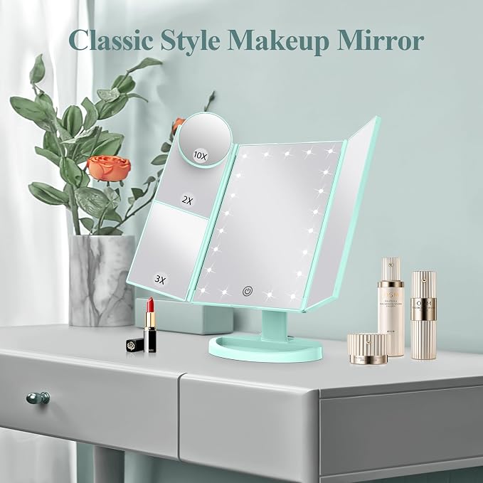 HUONUL 2X/3X/10X Magnifying Vanity Mirror with Light, Trifold Makeup Mirror | Touch Dimming, Dual Power, Clear View for Makeup, Skincare. Dorm Room Essentials. Birthday Gifts for Women, Mom, Wife, Girls