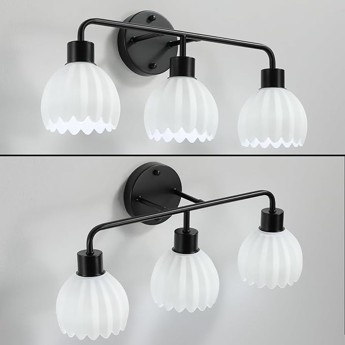 Black 4-Light Vanlity Light Over Mirror,Wall Sconces,Modern Bathroom Light Fixture with Milk White Glass Flower Shade,E26 Socket(Bulbs Not Included)
