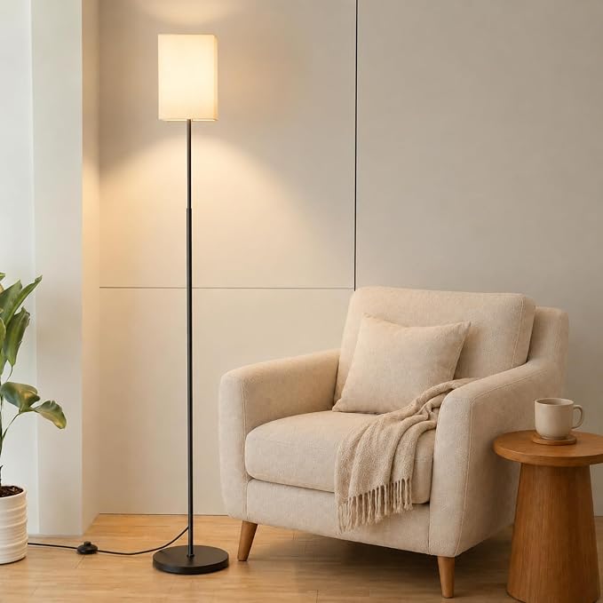 63.8" Square Floor Lamp with White Fabric Shade | Dimmable with Remote and Foot Switch, 3 Color Temperatures, 9W LED Bulb Included, Ideal for Living Room, Bedroom or Office