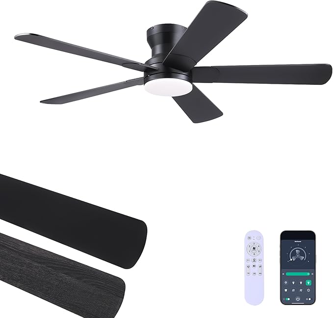 52" Black Ceiling Fans with Lights and Remote - Flush Mount Fan Light with 5 Reversible Blades, 3CCT Dimmable, DC, Low Profile Ceiling Fan for Modern Indoor, Covered Outdoor