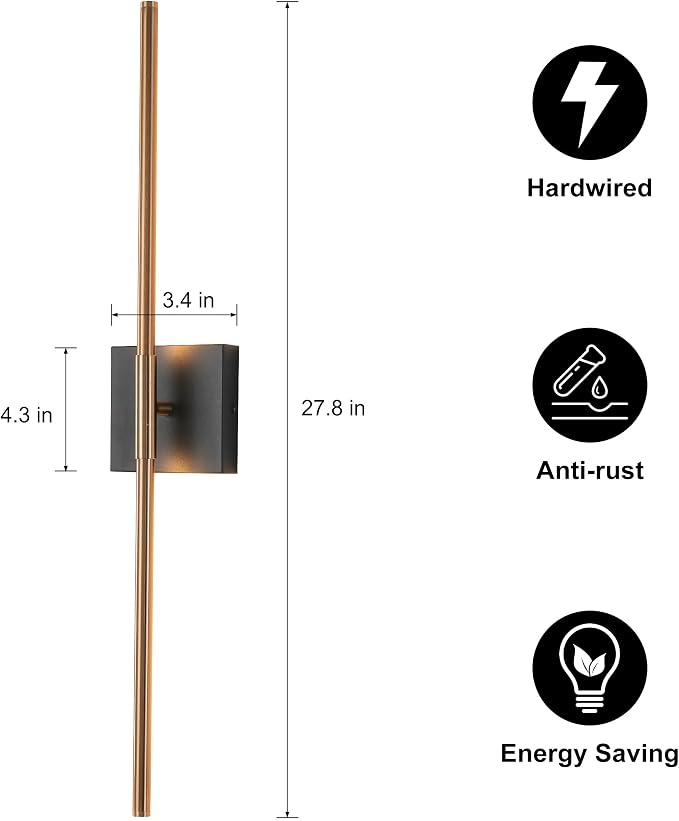 KUZZULL Modern Light Fixture Set of Two 27.8x4.3x3.4in Black and Brass Gold Sconces 1200Lm LED Wall Lights for Bathroom, Living Room, Corridor