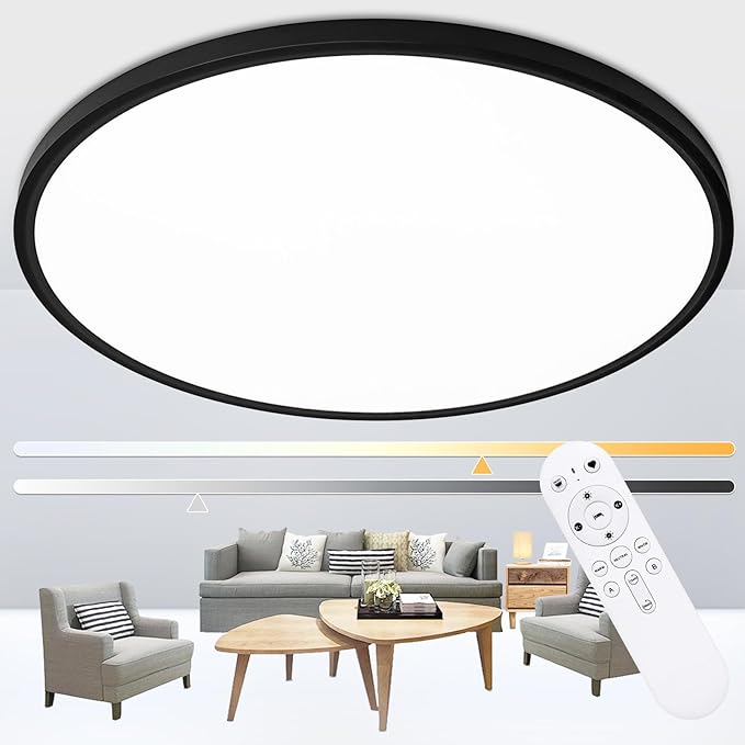 24'' Large Flush Mount Ceiling Light Fixture Dimmable with Remote Control | 56W 5600Lm, Ultra Thin, Modern, Round, Black Led Ceiling Lamp for Kitchen, Dining Room, Bedroom, Living Room, Home Office