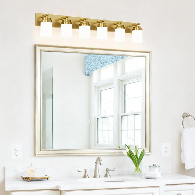 IZORRO Bathroom Vanity Light Fixture, 6-Light 46 Inch Gold Bathroom Light Fixtures Over Mirror, with White Glass Shade, Modern Farmhouse Vanity Lights, Rustic Restroom Lighting Fixtures
