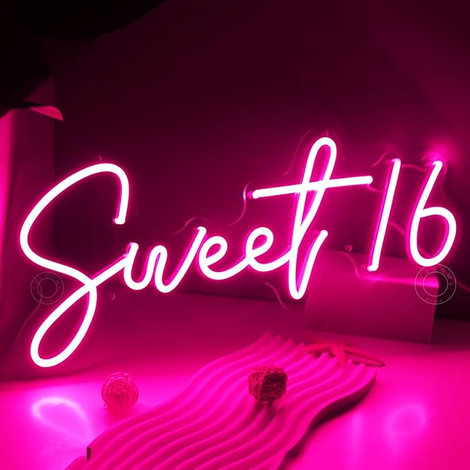 SYLHOME Pink Sweet 16 LED Neon Light Sign 17"X7.3" 5V Sweet Girls Adults Bedroom Happy Birthday Party Wall Decor Beautiful Bestie Sister USB