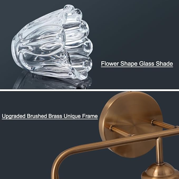3-Light Bathroom Vanity Light Gold, Vintage Vanity Light Fixtures Over Mirror, Brass Bathroom Light with Flower Glass Shade, Art Deco Wall Sconce Lighting for Bedroom, Living Room